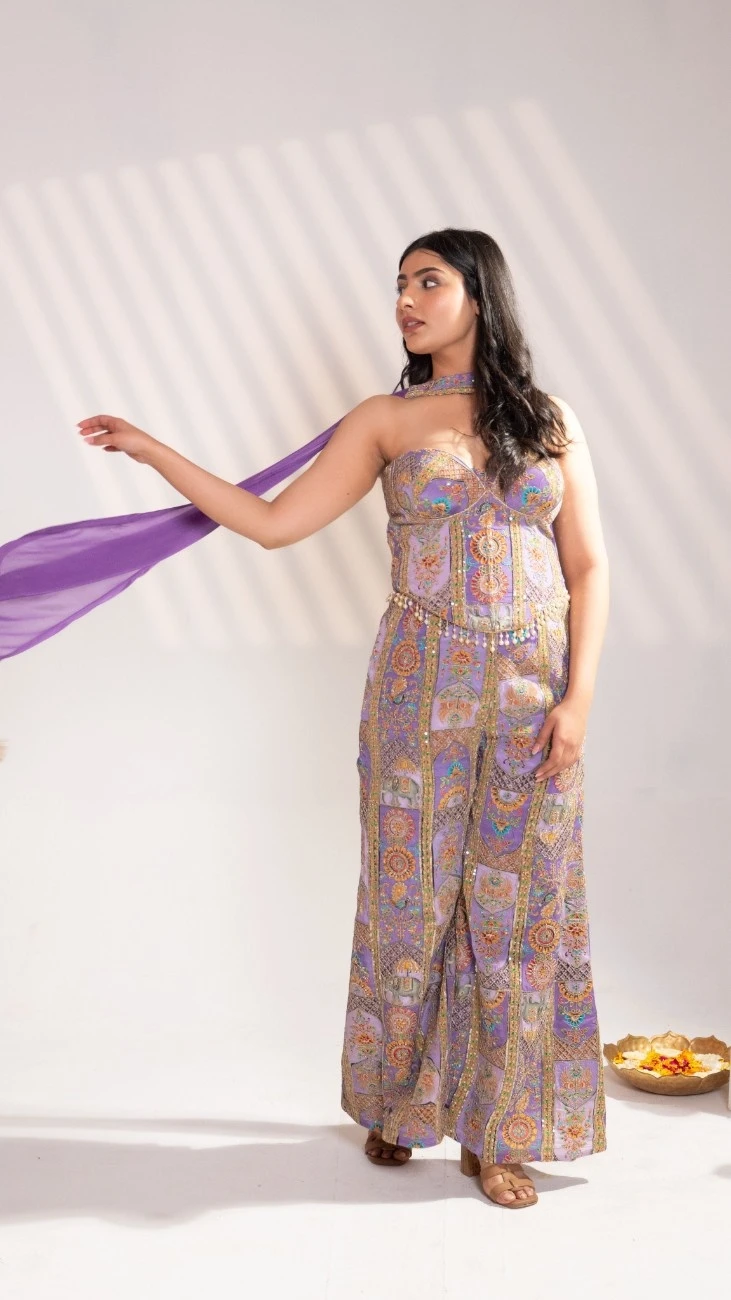 Lavender Embroidered Strapless Bustier, Straight Palazzo Pants with Dupatta (Set of 3) - 5