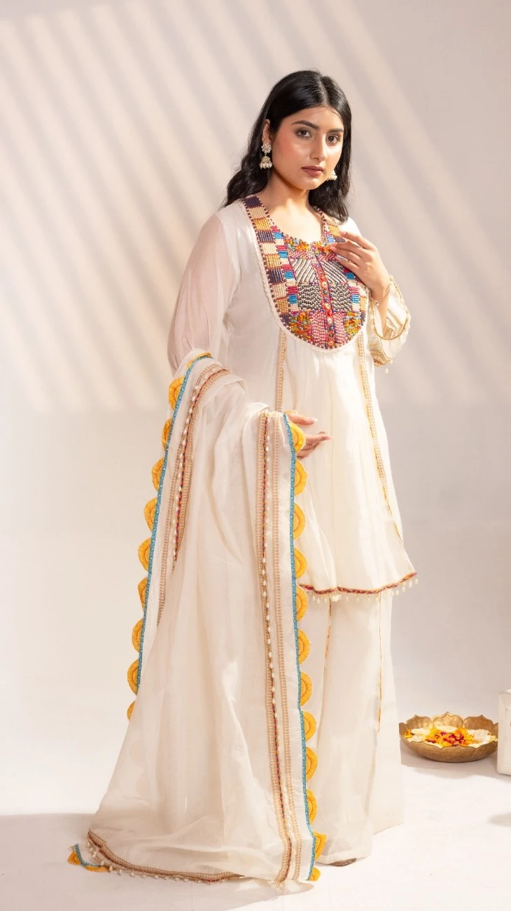  Ivory Hand-Beaded Kurta Malmal Set with Sharara & Dupatta (Set of 3) - collection image