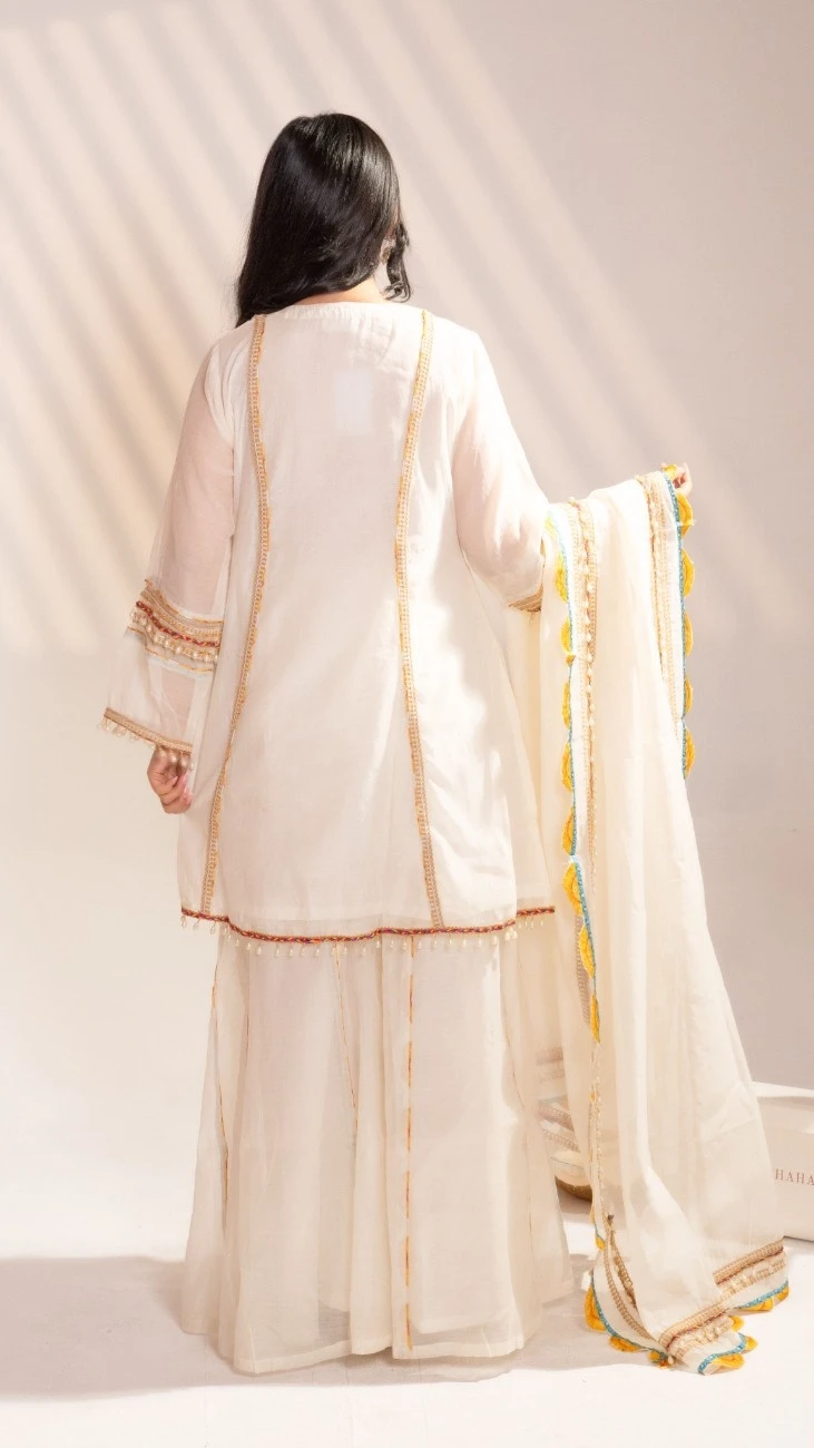  Ivory Hand-Beaded Kurta Malmal Set with Sharara & Dupatta (Set of 3) - 2