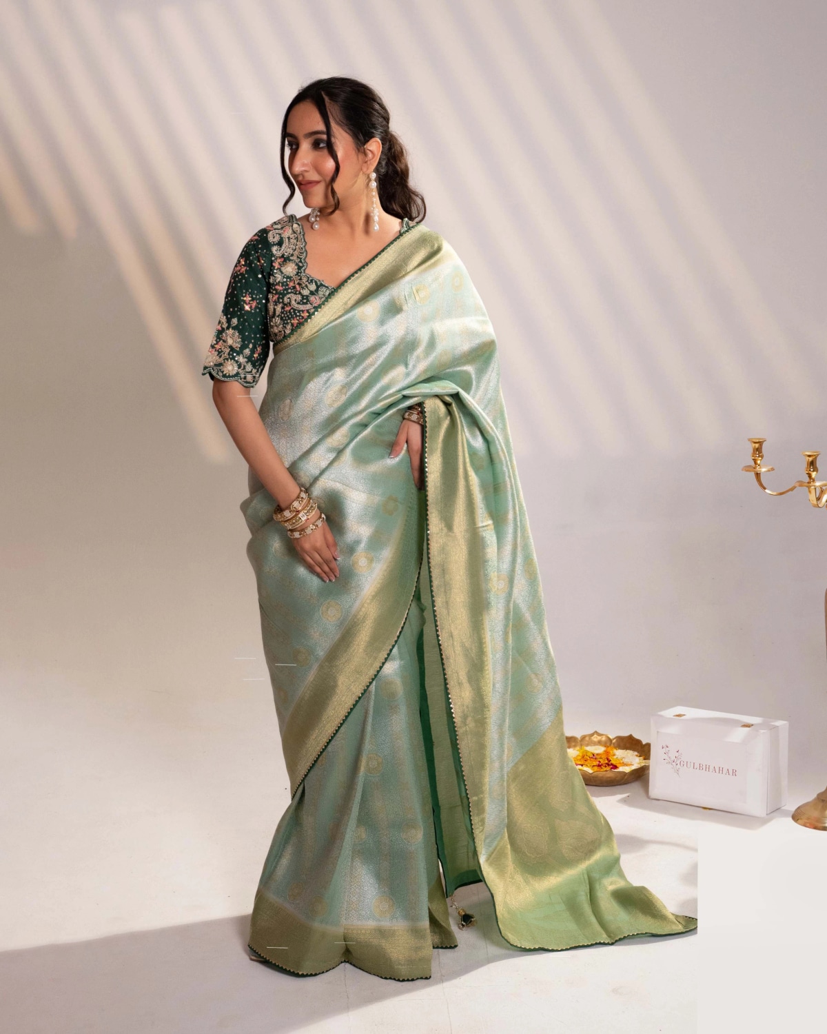 Green Banarasi Saree with Zari Embroidery - 1
