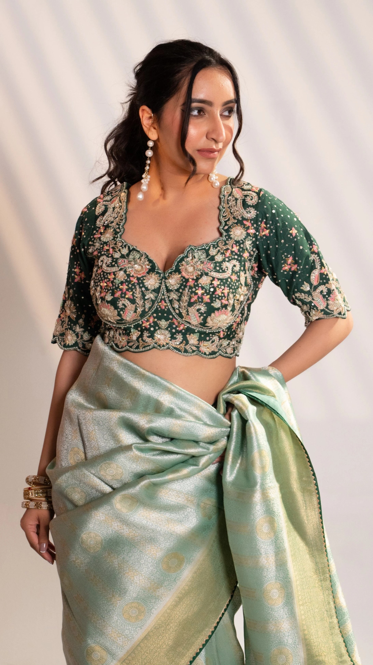 Green Banarasi Saree with Zari Embroidery - 2