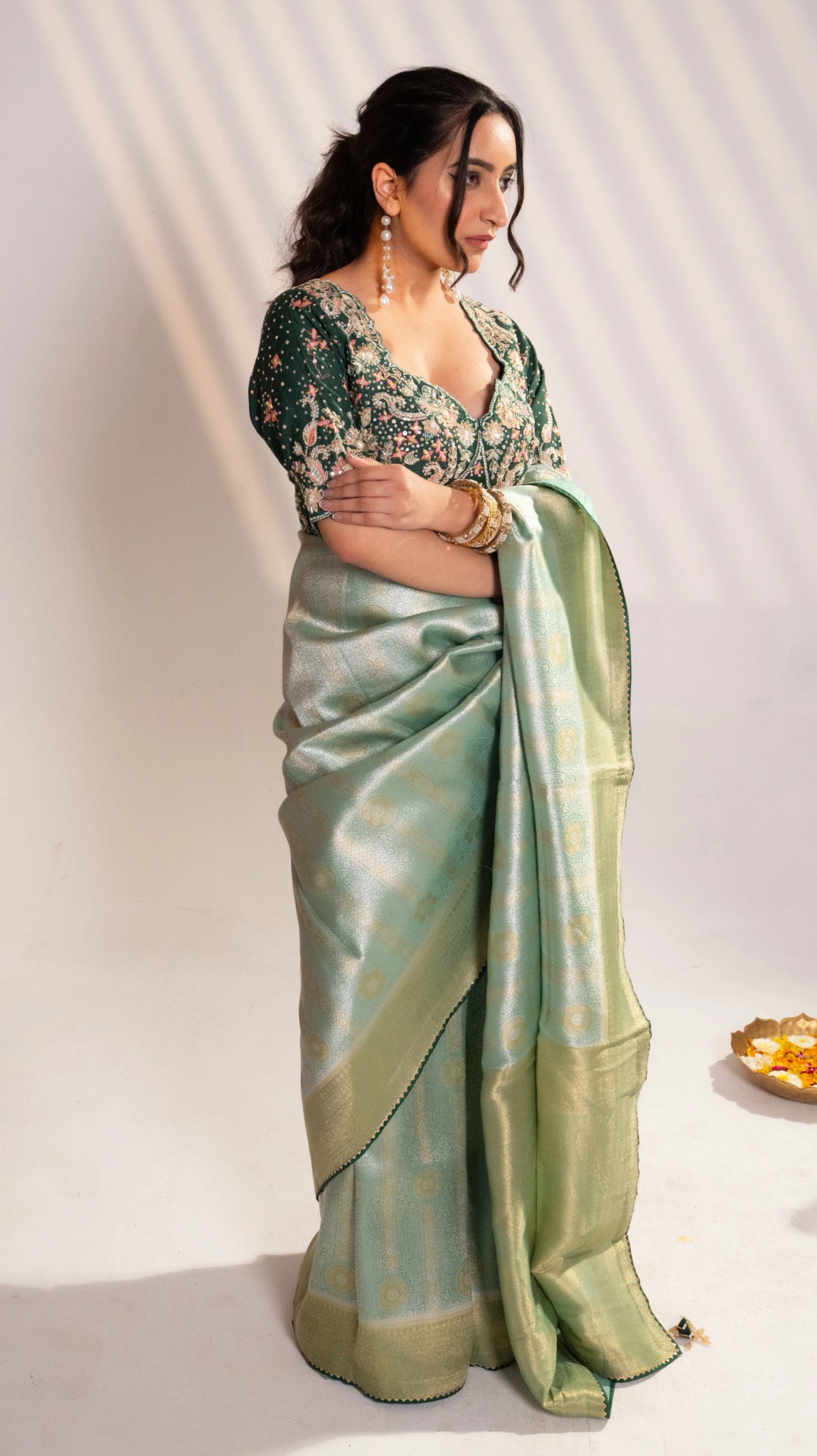 Green Banarasi Saree with Zari Embroidery - 7