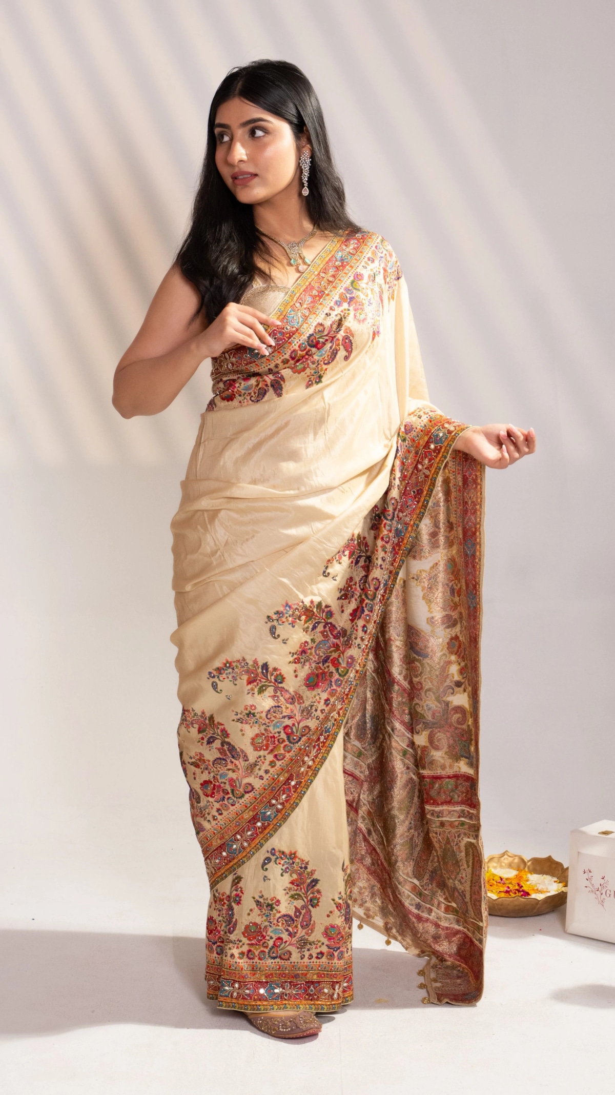 Cream Art Silk Saree & Rani Pink Blouse - 3