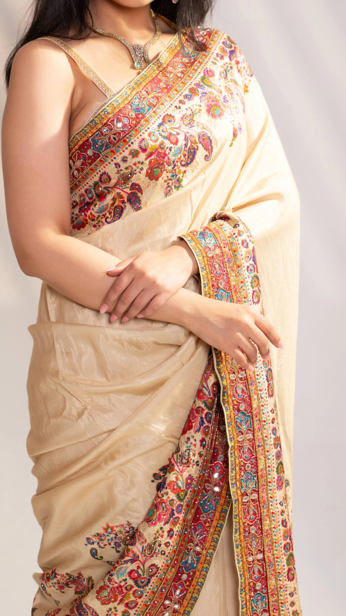 Cream Art Silk Saree & Rani Pink Blouse - 6