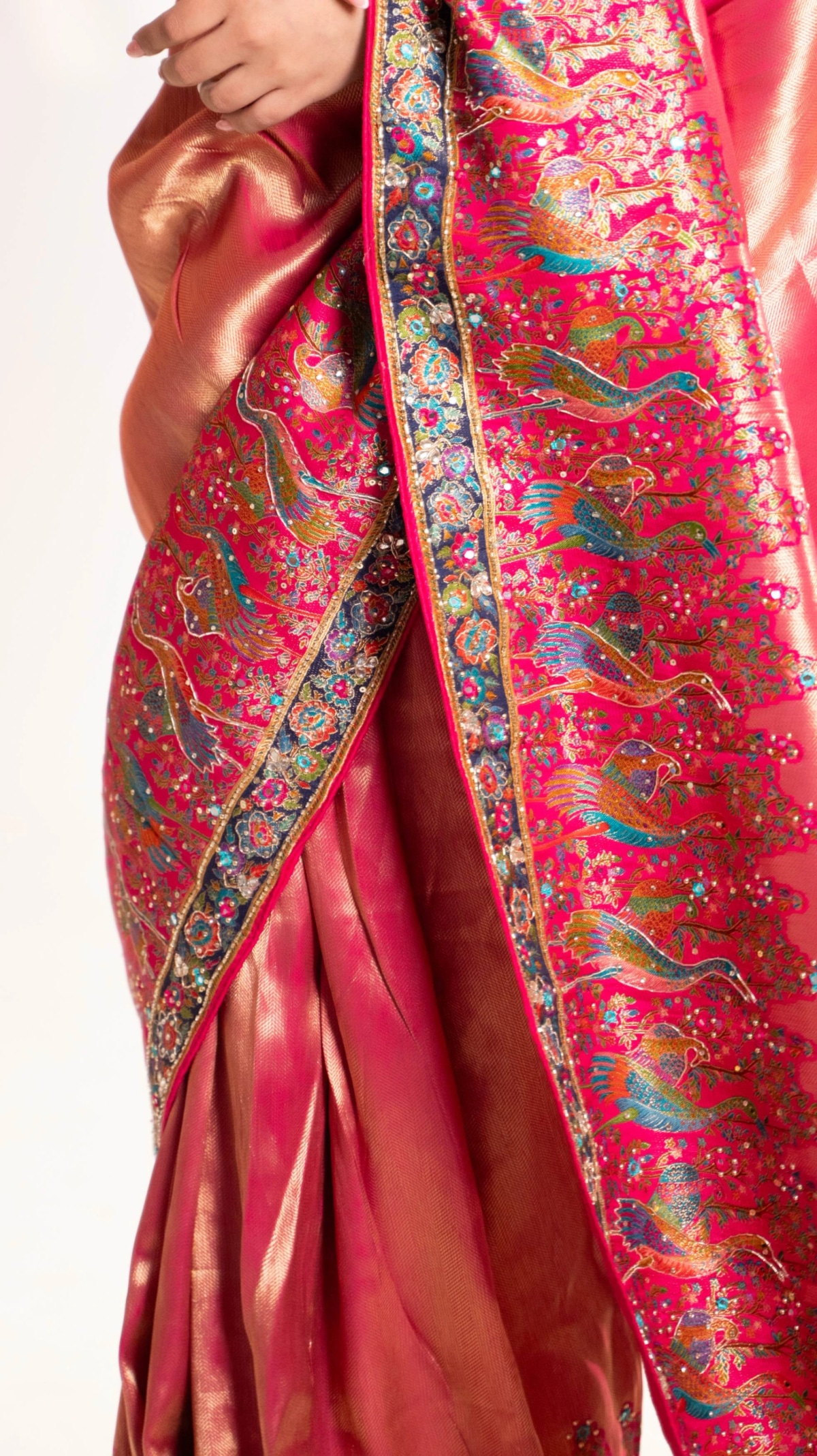 Bright Rani Pink Banarasi Silk Saree with Peacock Motifs & Tassel Pallu - 6