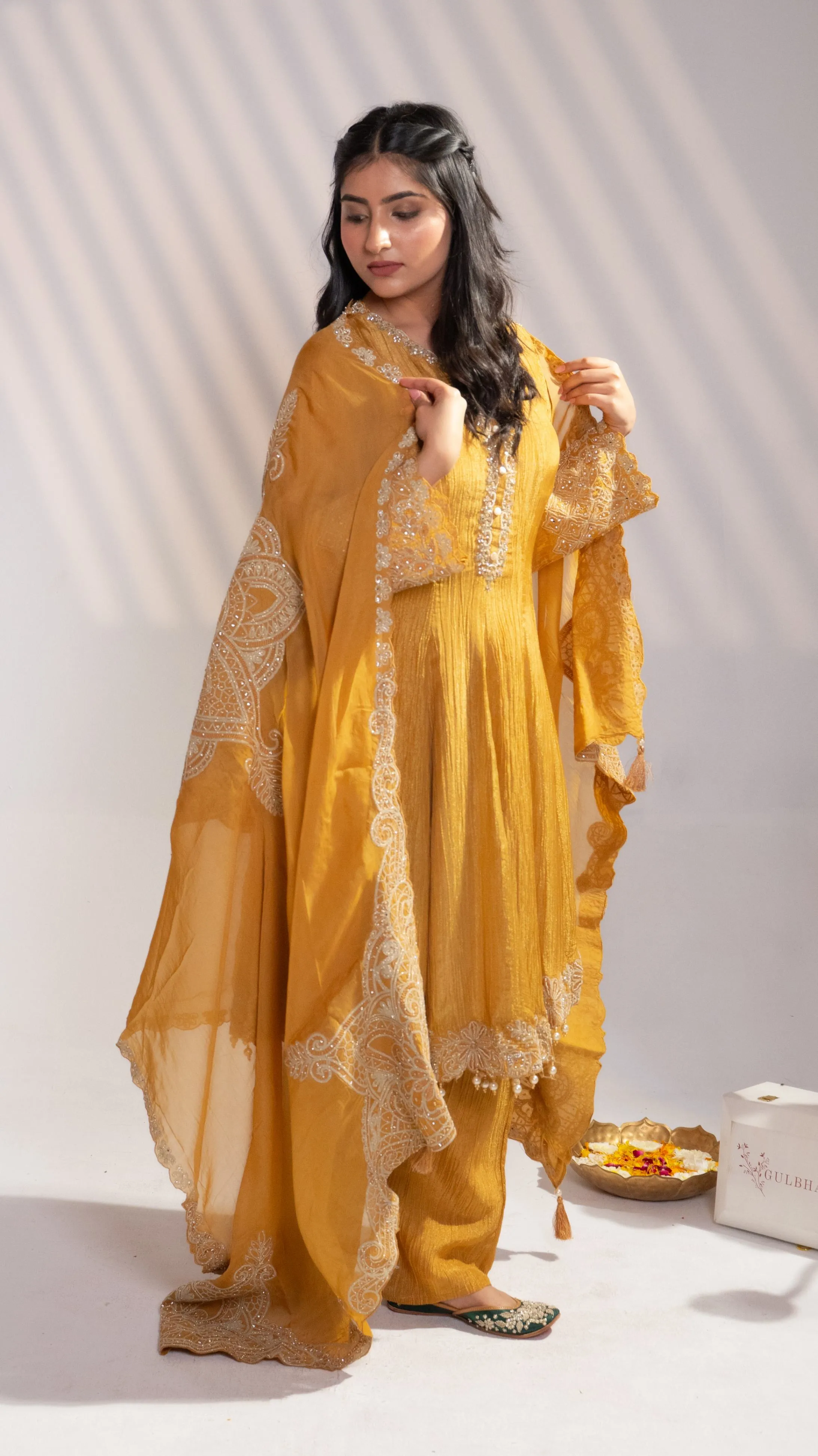 Mustard Gold Embroidered Kurta Set with Dupatta (Set of 3) - 2