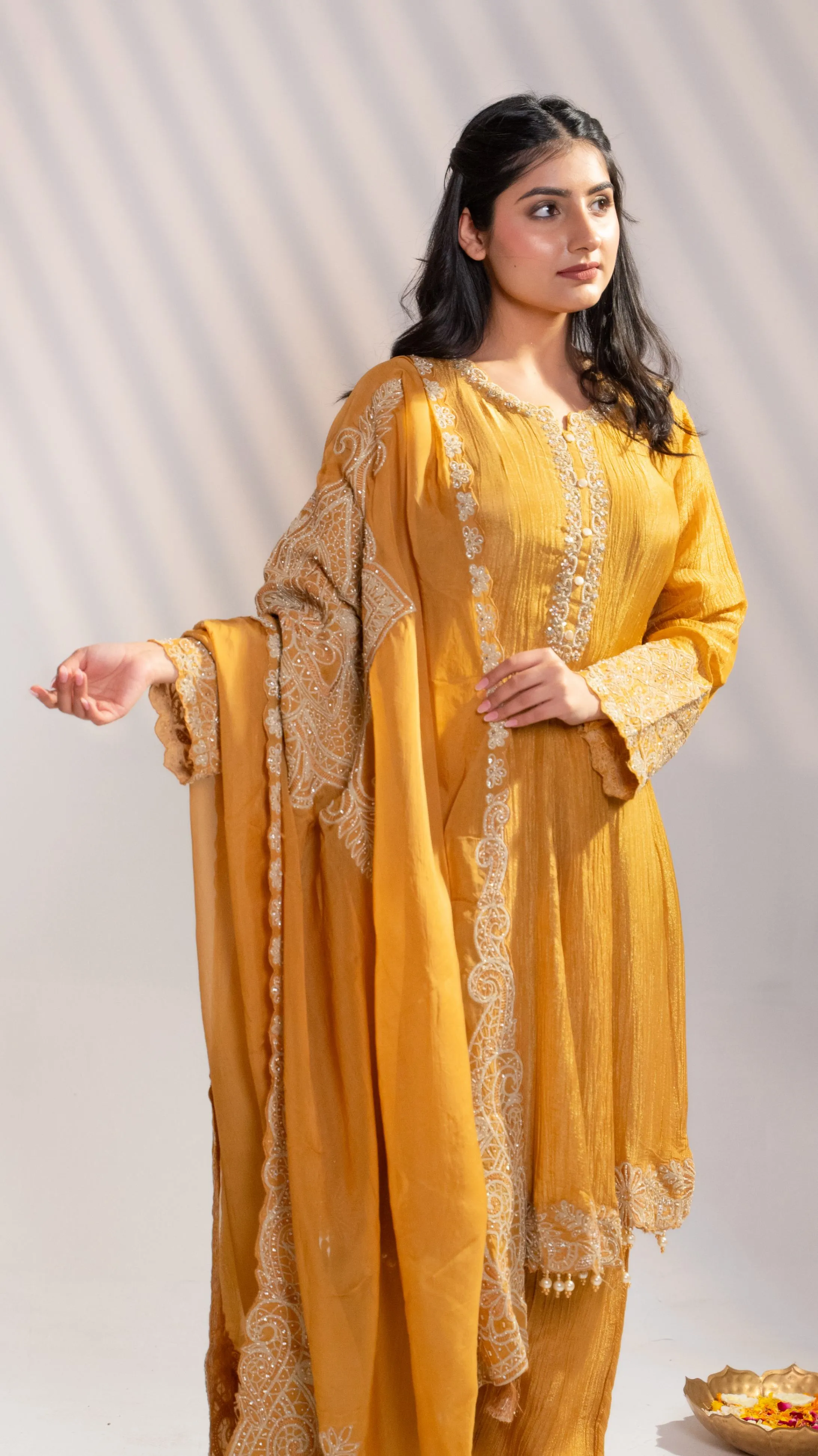 Mustard Gold Embroidered Kurta Set with Dupatta (Set of 3) - 3