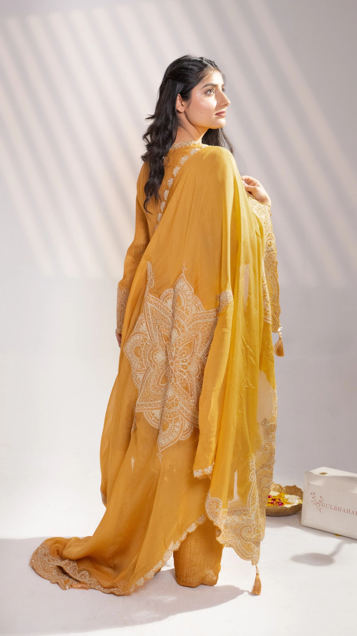 Mustard Gold Embroidered Kurta Set with Dupatta (Set of 3) - 4