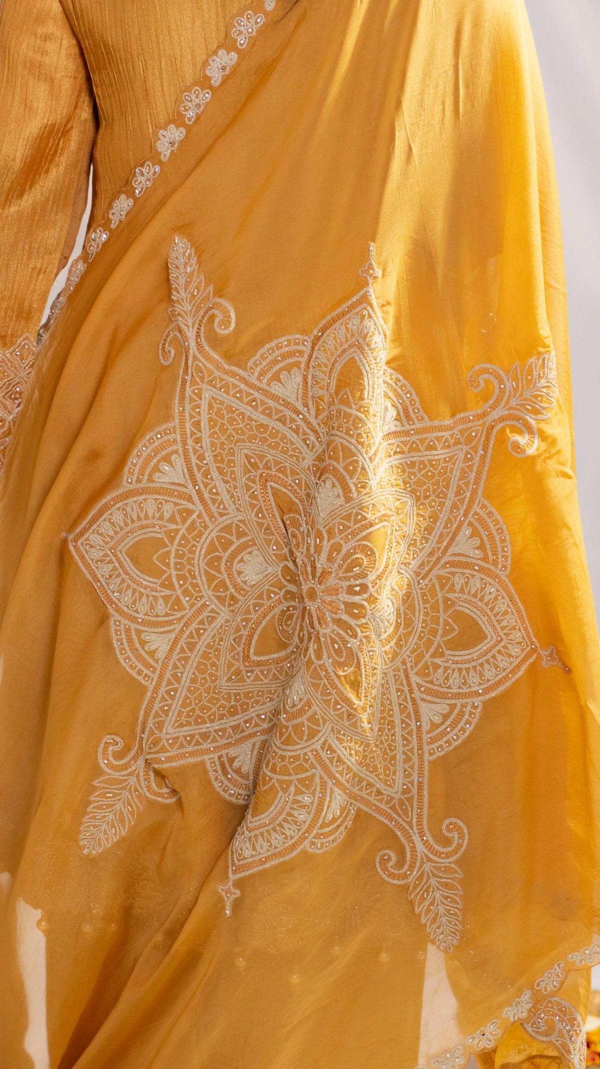 Mustard Gold Embroidered Kurta Set with Dupatta (Set of 3) - 6