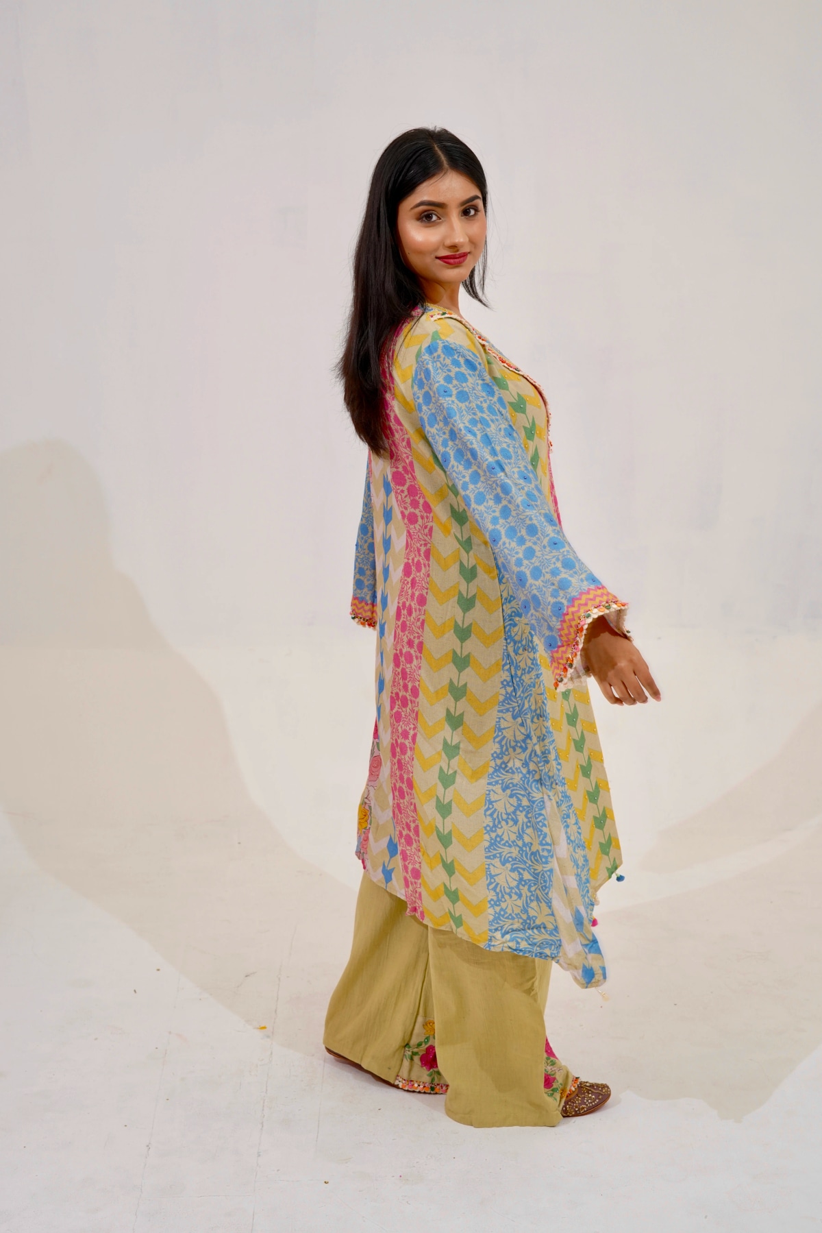 Pastel Patchwork Kurta Set with Floral Dupatta (Set of 3) - 2