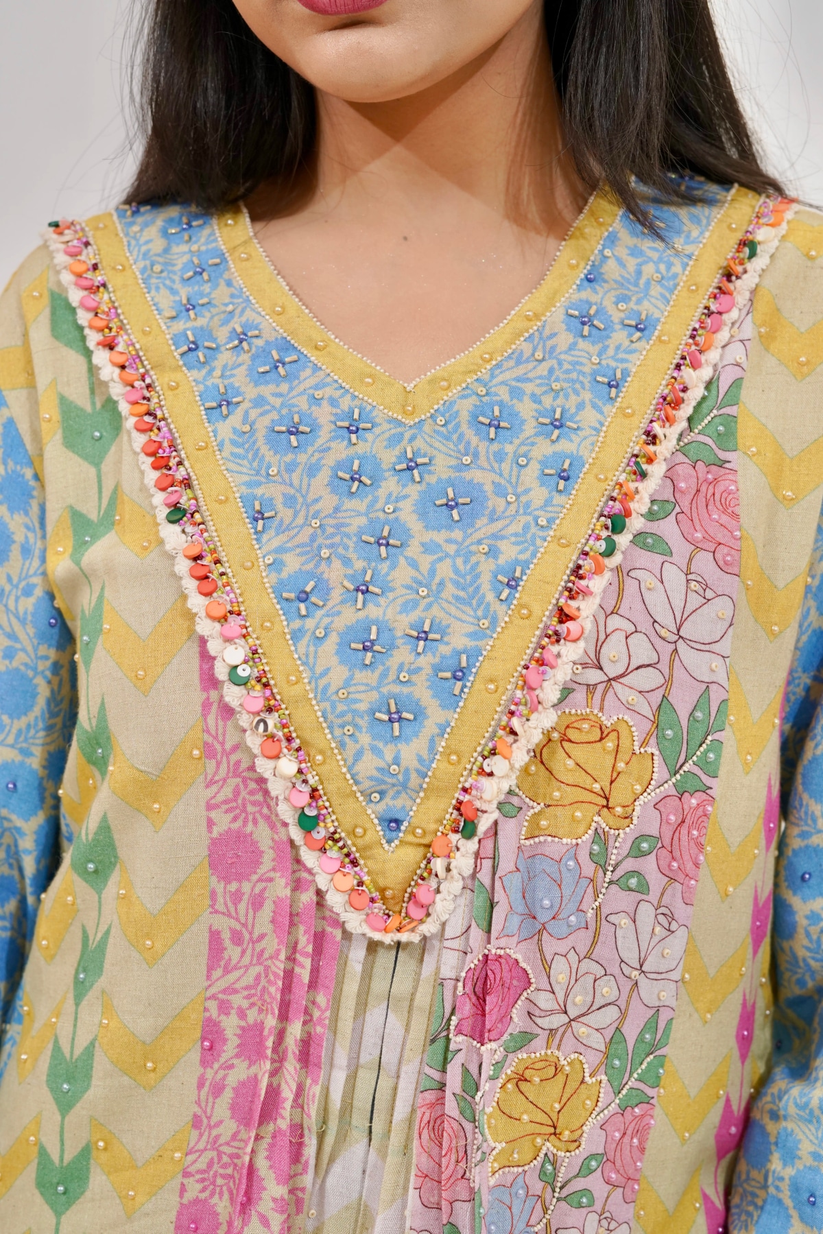 Pastel Patchwork Kurta Set with Floral Dupatta (Set of 3) - 3