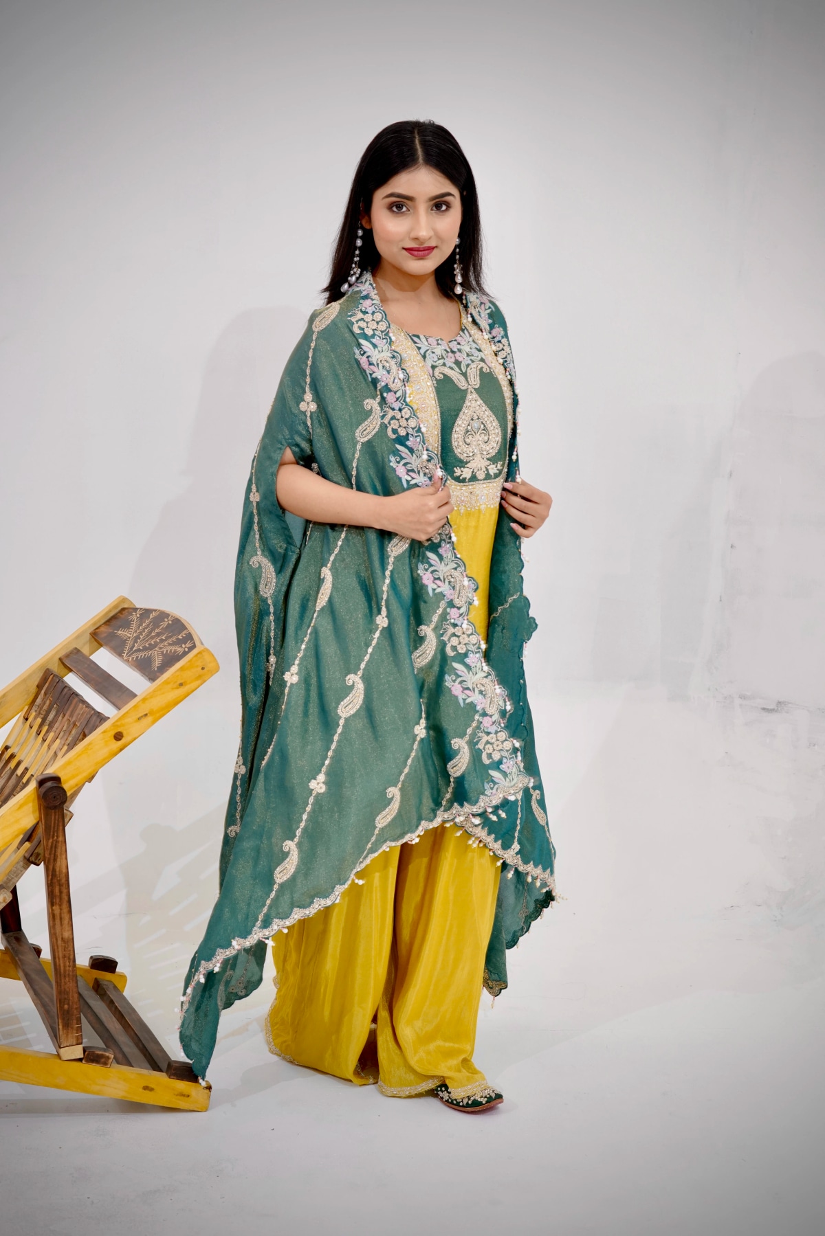 Light Mustard Tissue Silk A-line Suit Set with Dupatta (Set of 3) - 2