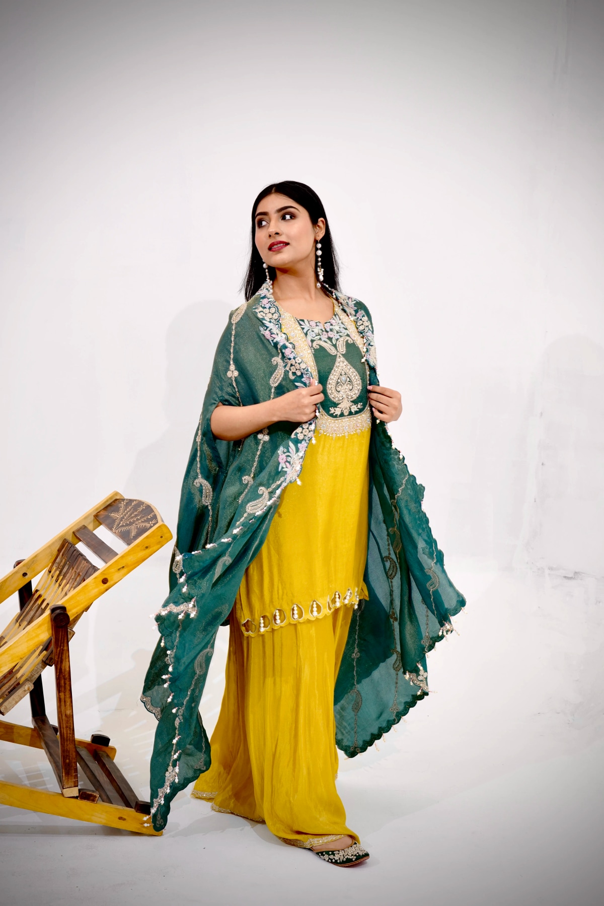 Light Mustard Tissue Silk A-line Suit Set with Dupatta (Set of 3) - 3