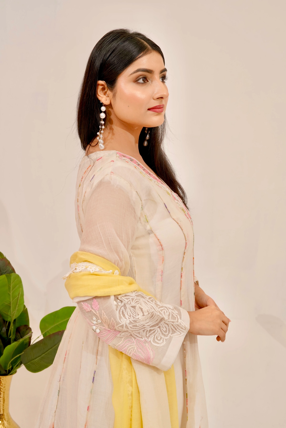 Ivory Blossom Kurta Set with Lemon Dupatta (Set of 3) - 7