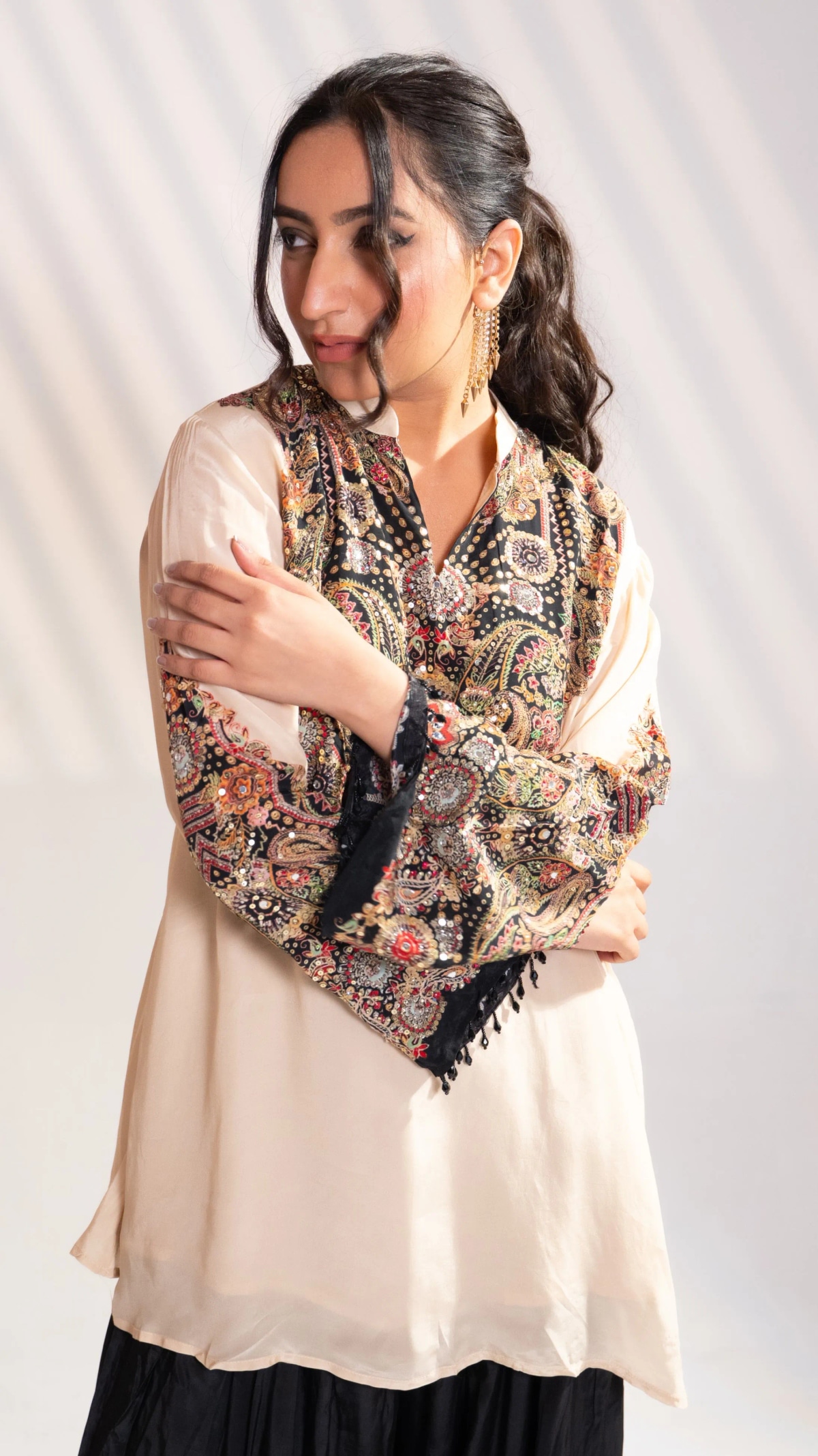 Beige & Black Embroidered Silk Kurta Set with Patiala Pants (Set of 2) - 3