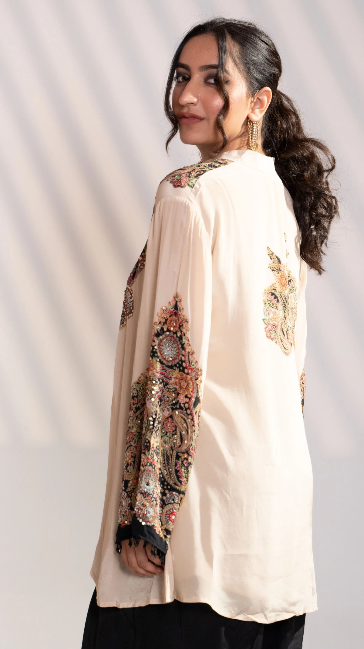 Beige & Black Embroidered Silk Kurta Set with Patiala Pants (Set of 2) - 6