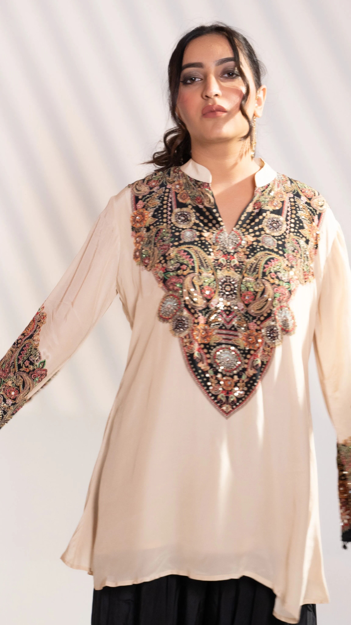 Beige & Black Embroidered Silk Kurta Set with Patiala Pants (Set of 2) - 10