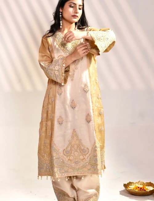 Ivory Gold Hand Embroidered Silk Kurta Set with Dupatta (Set of 3) - 1