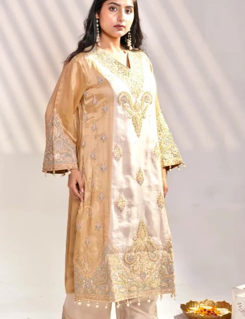 Ivory Gold Hand Embroidered Silk Kurta Set with Dupatta (Set of 3) - 2