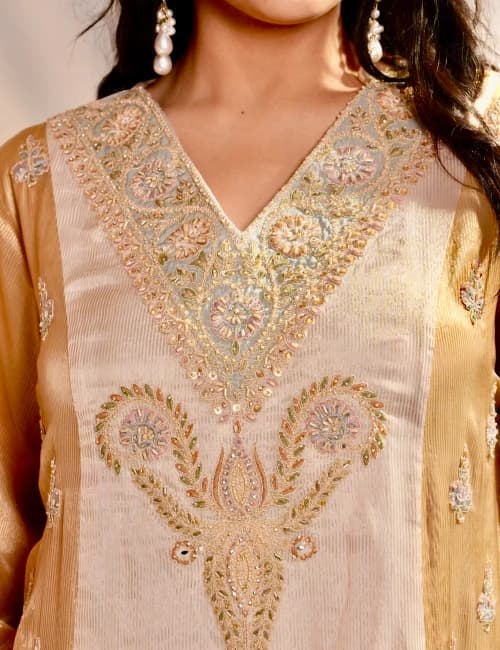 Ivory Gold Hand Embroidered Silk Kurta Set with Dupatta (Set of 3) - 3