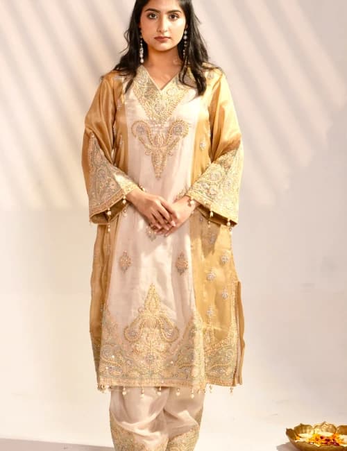 Ivory Gold Hand Embroidered Silk Kurta Set with Dupatta (Set of 3) - 4