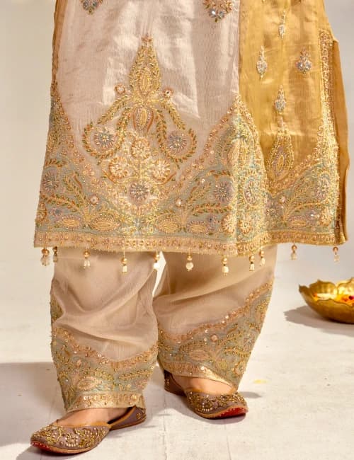 Ivory Gold Hand Embroidered Silk Kurta Set with Dupatta (Set of 3) - 5