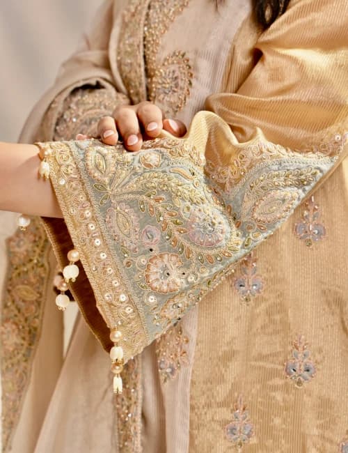 Ivory Gold Hand Embroidered Silk Kurta Set with Dupatta (Set of 3) - 6