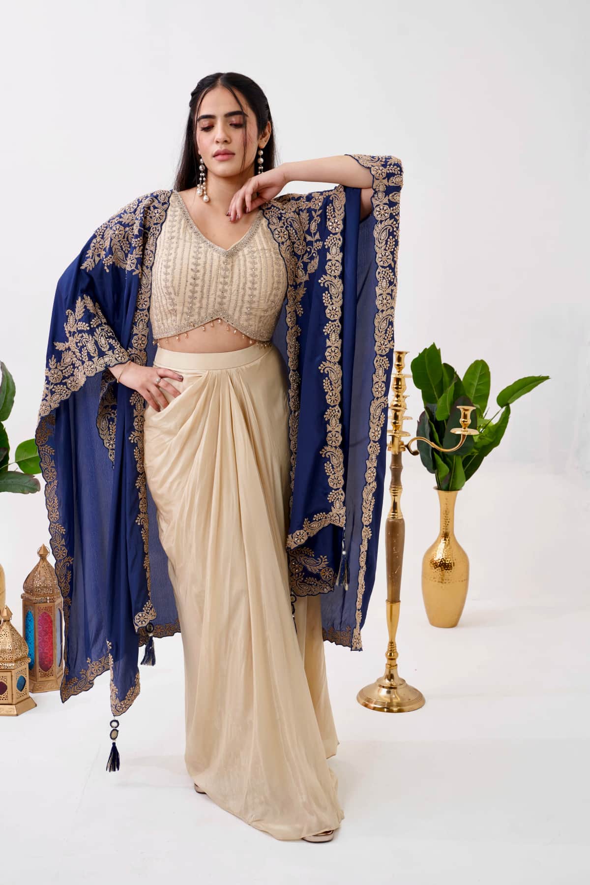 Cream Satin Co-Ord Set with Cape - 1