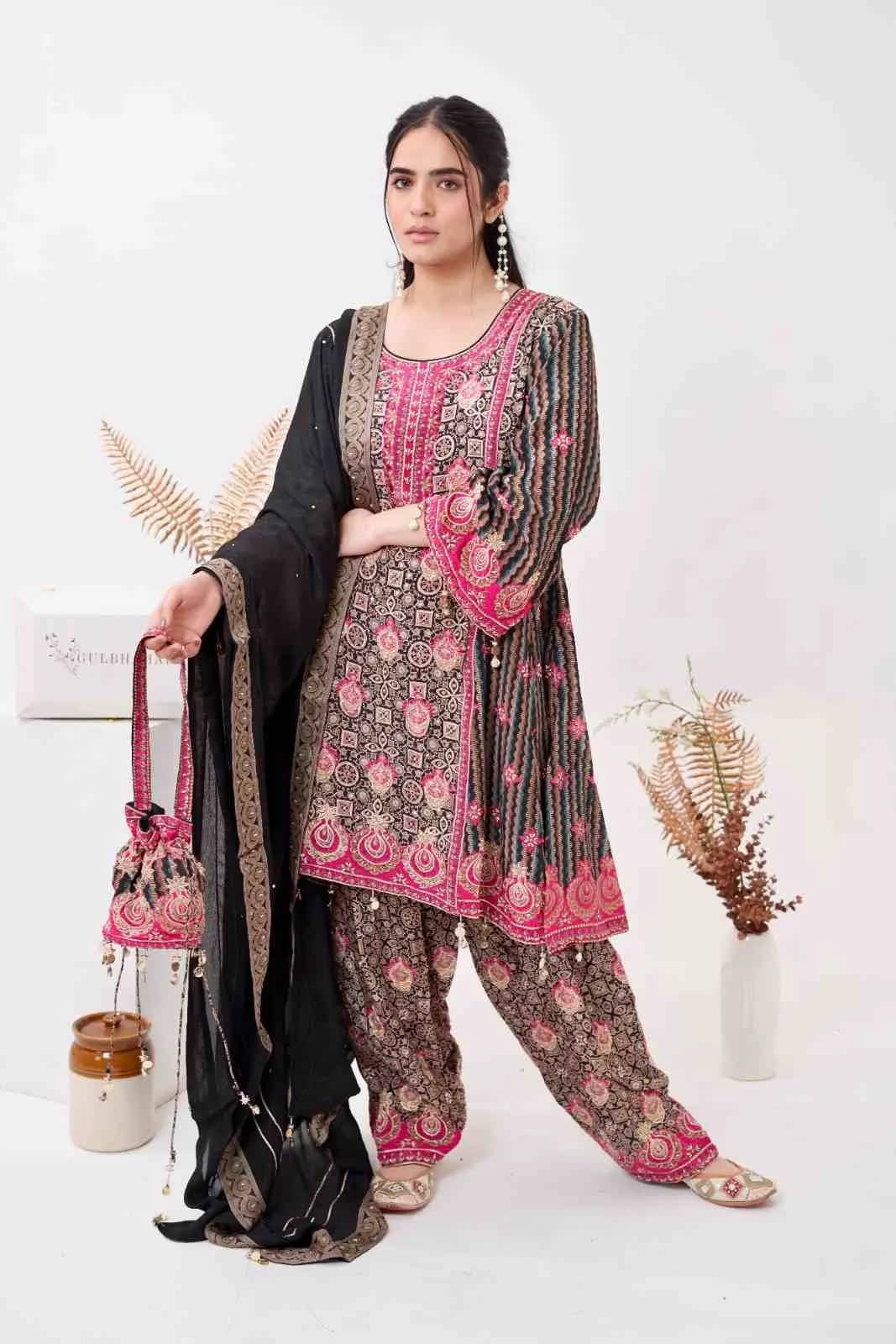 Black Printed Satin Ethnic Suit Set - collection image