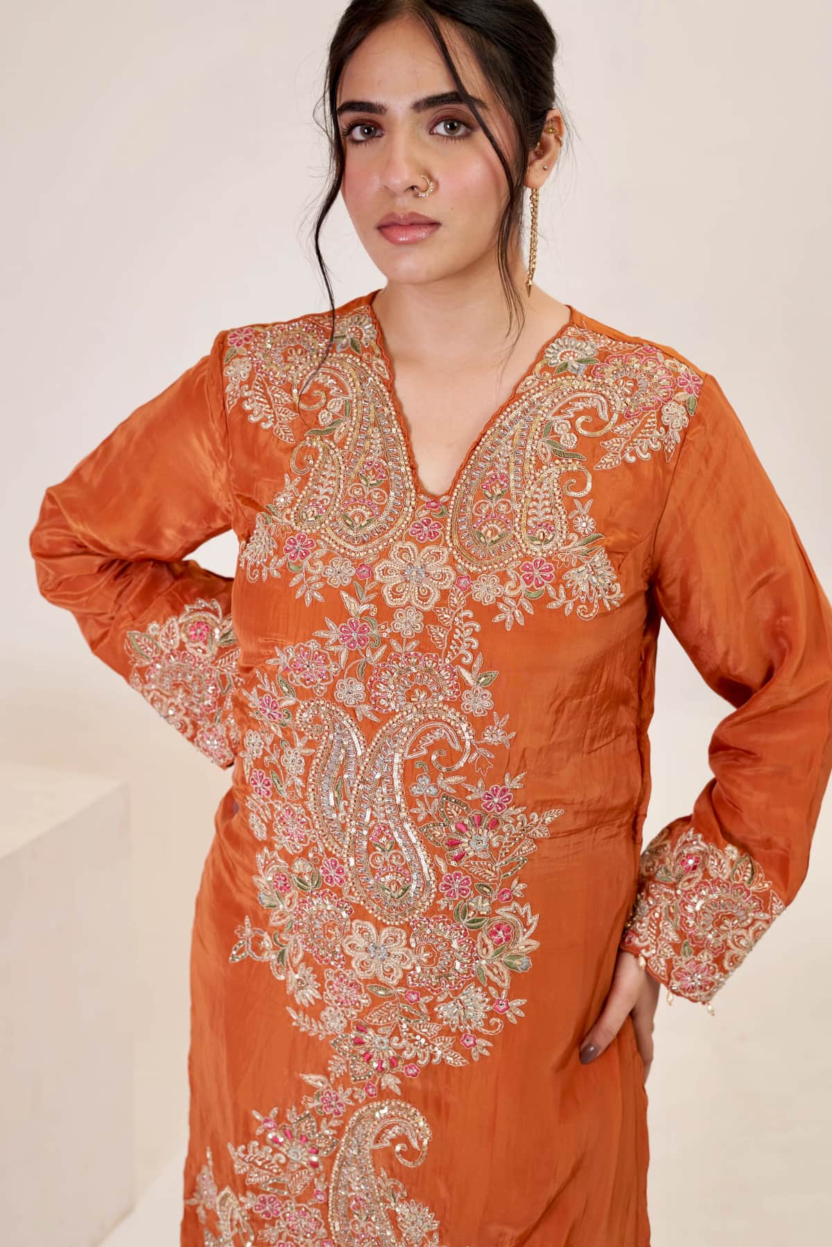Orange Satin Kurti with Dupatta - 2
