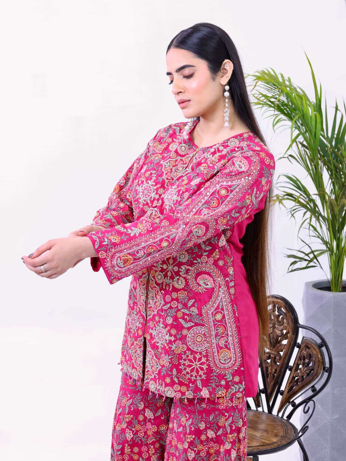 Dark Pink Embroidered Kurti Set - 3