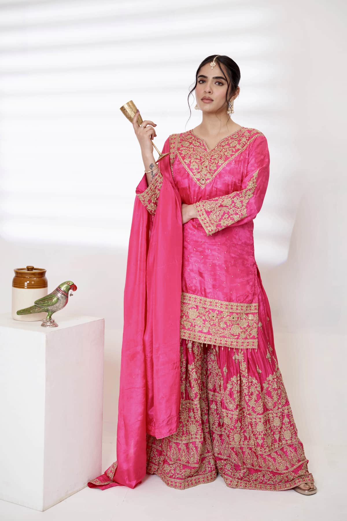 Pink Satin Printed Kurti Set - 1