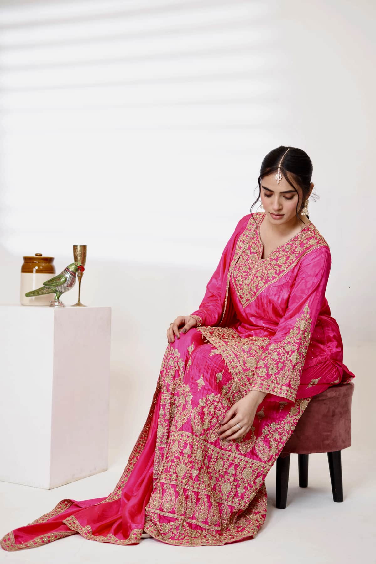 Pink Satin Printed Kurti Set - 2