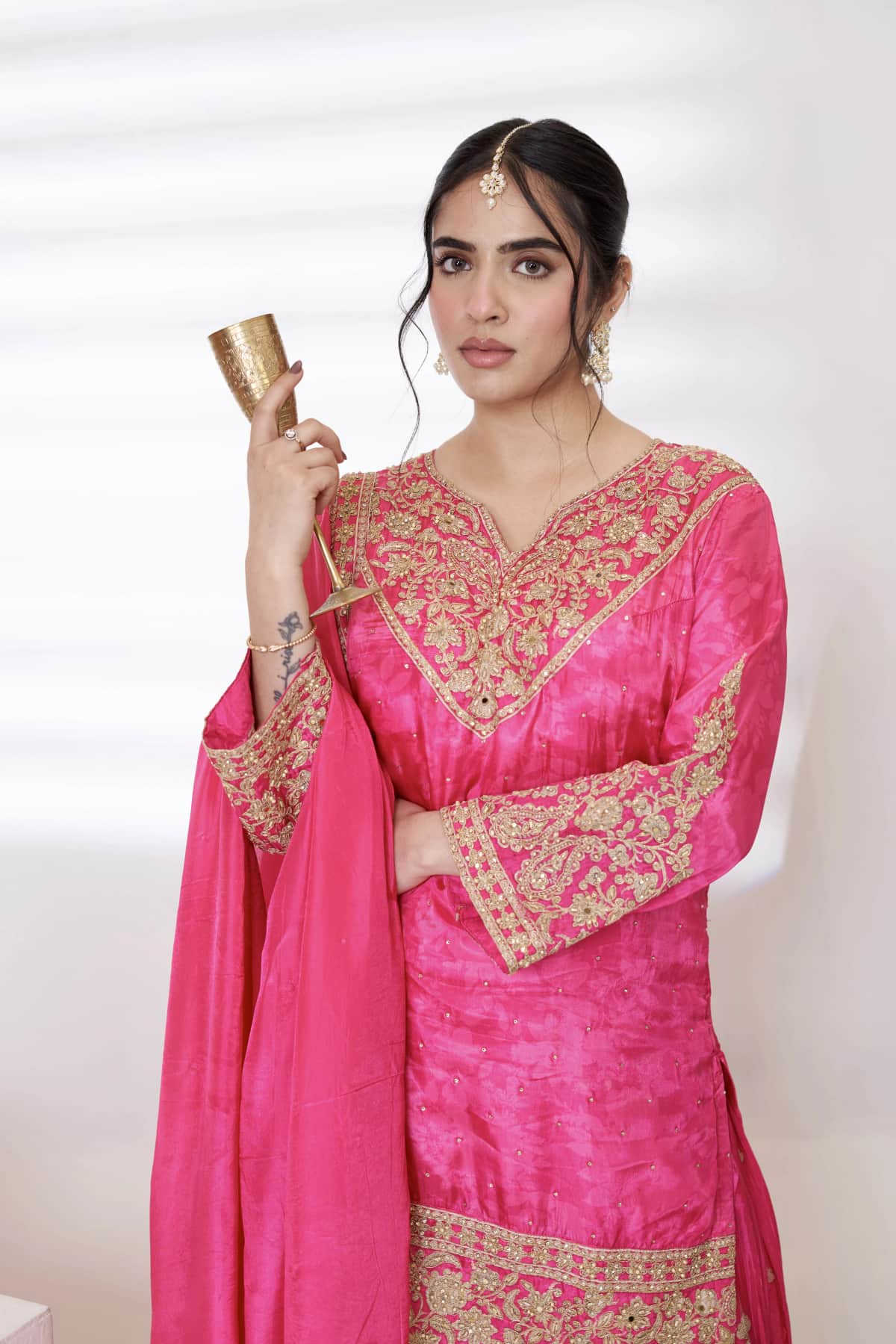 Pink Satin Printed Kurti Set - 5
