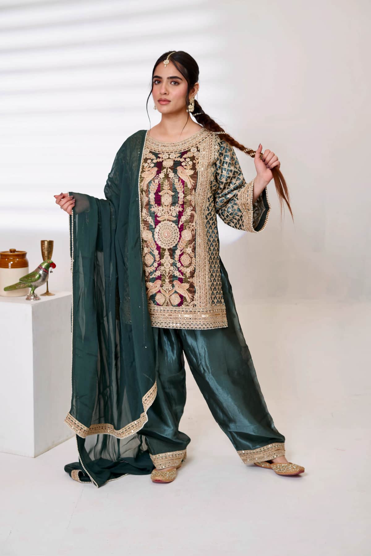 Emerald Satin Silk Kurti Set - 1