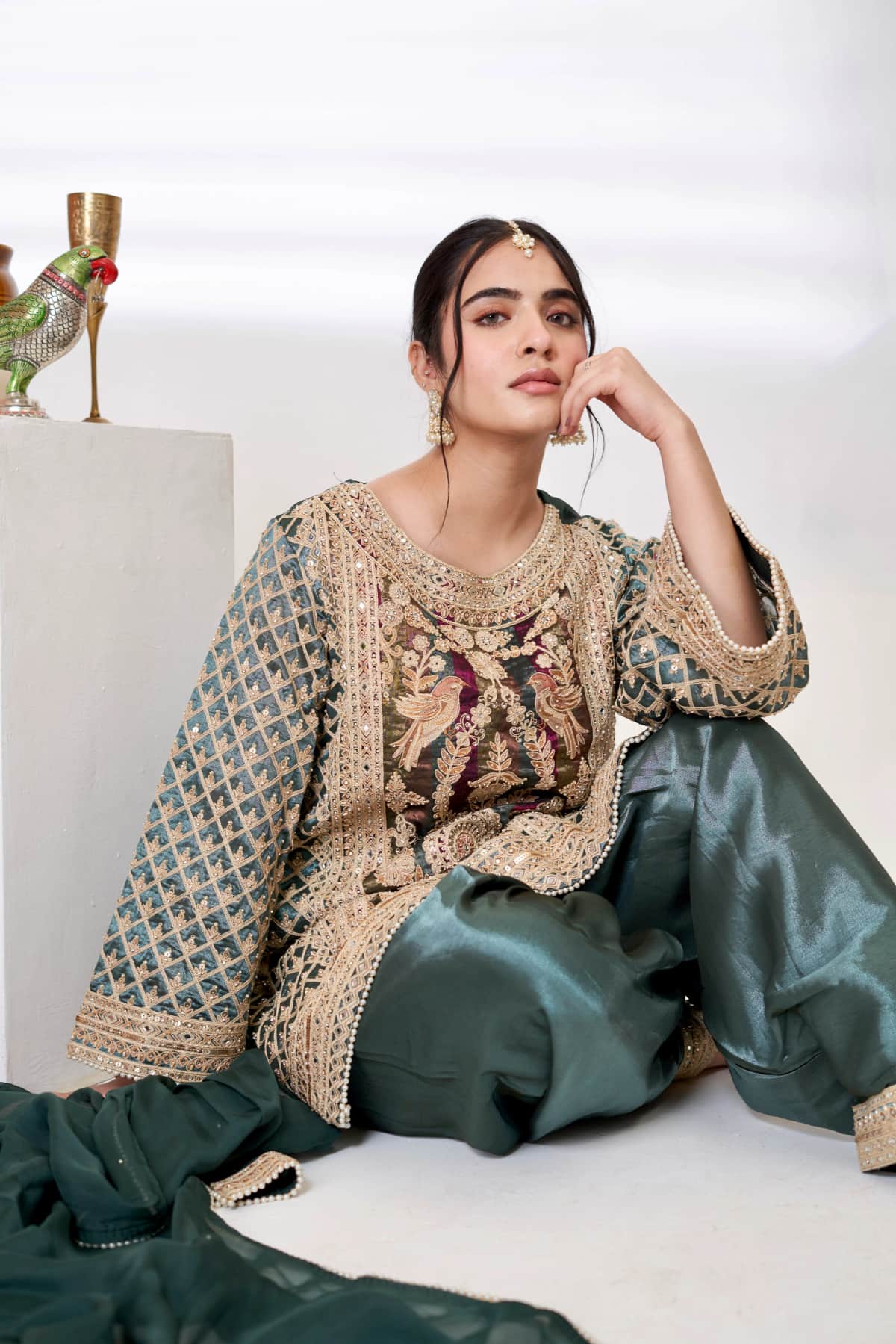 Emerald Satin Silk Kurti Set - 6