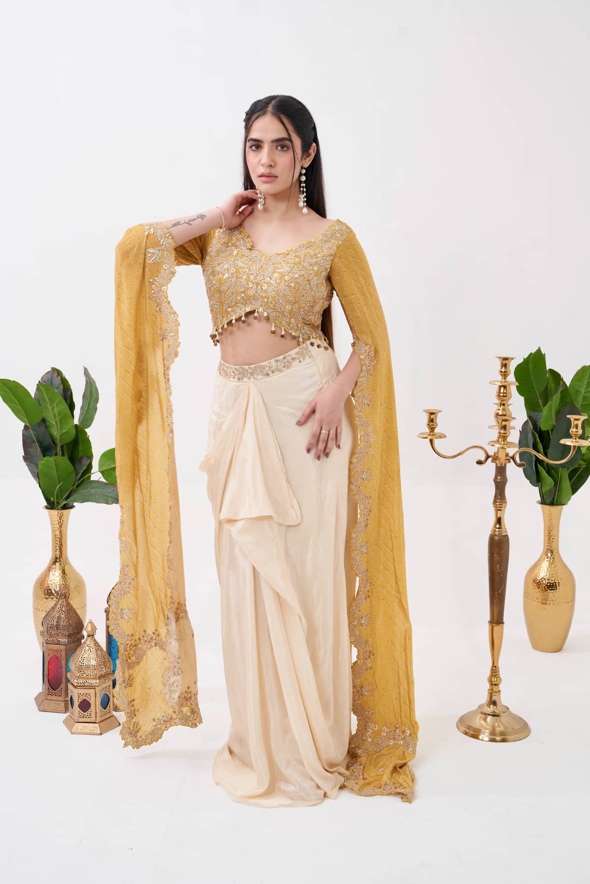 Yellow Satin Embroidered Blouse Set - collection image