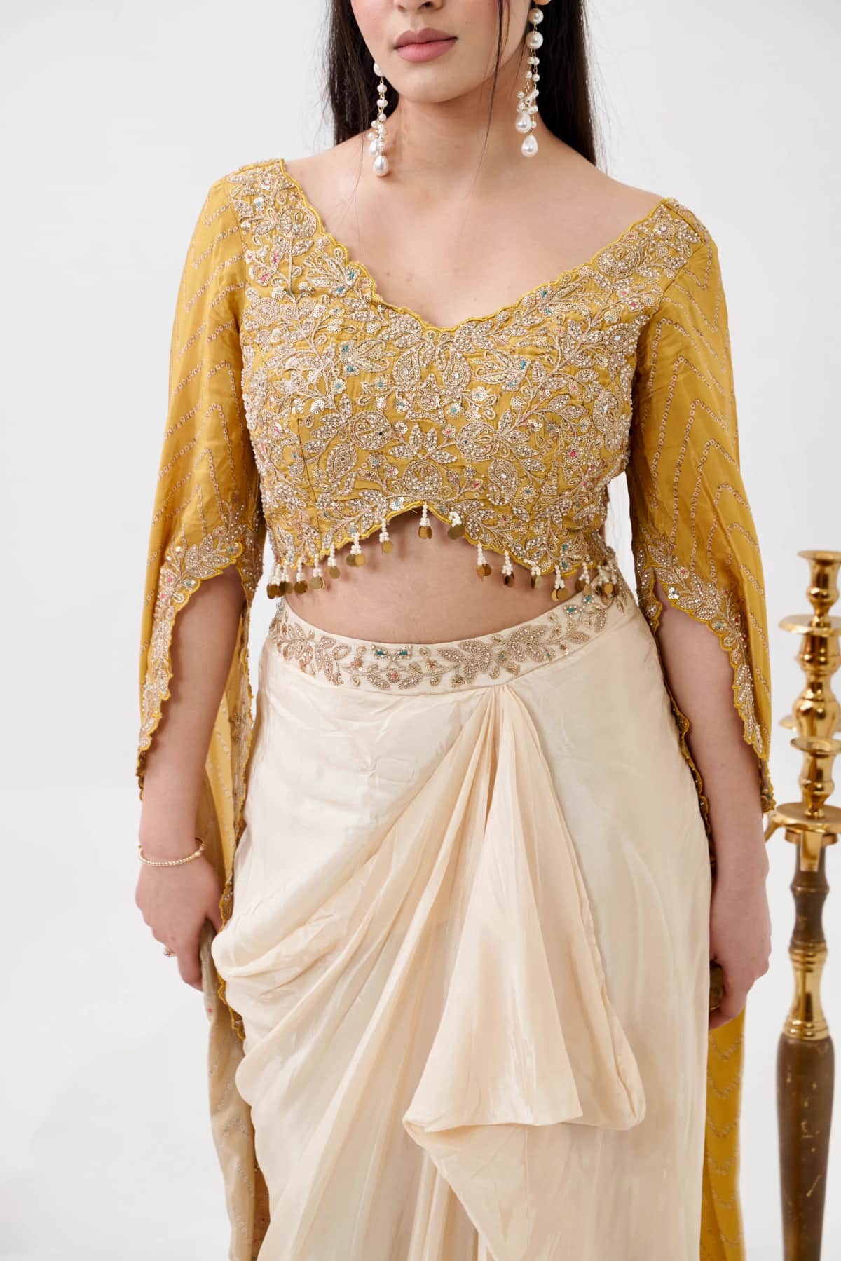 Yellow Satin Embroidered Blouse Set - 3