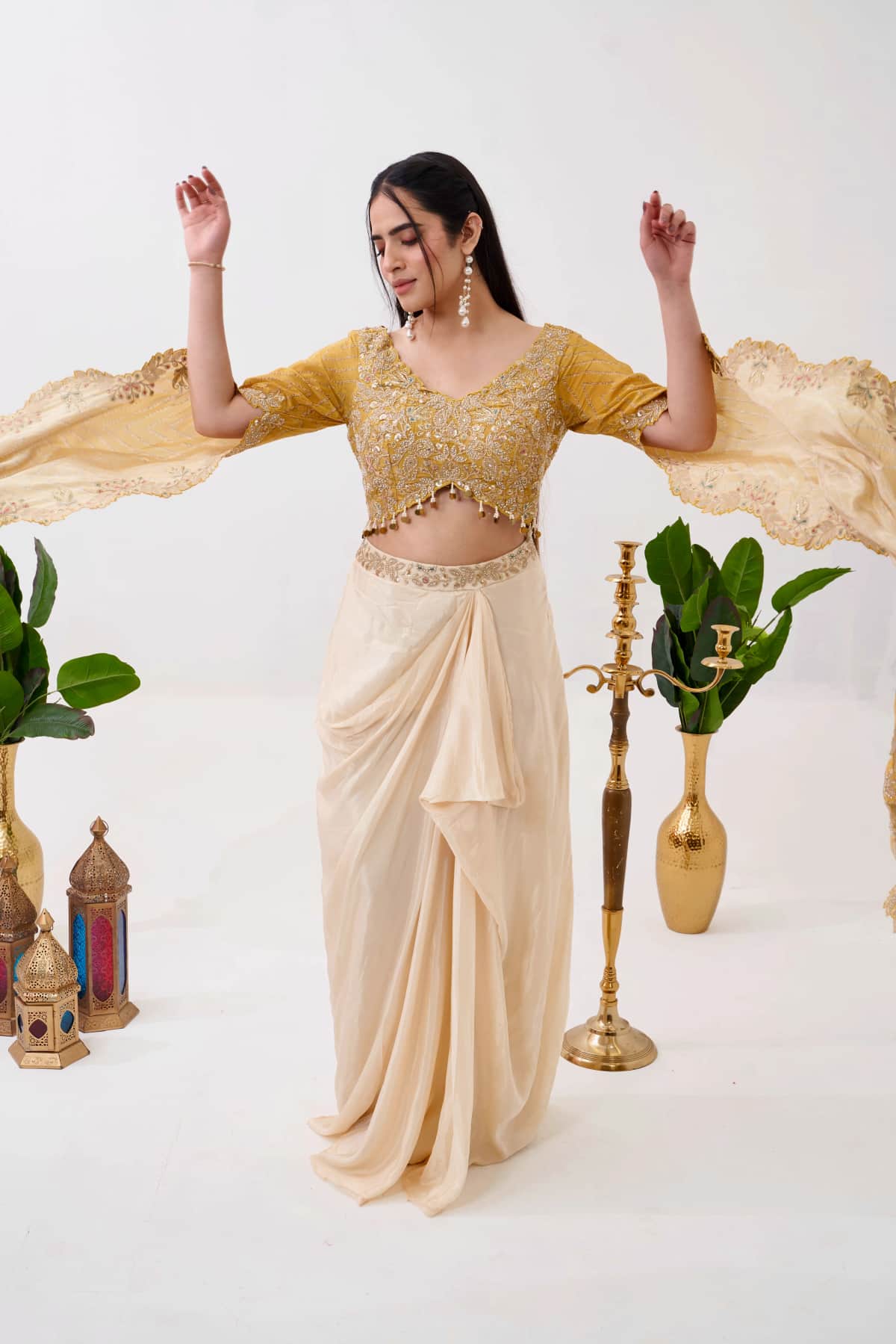 Yellow Satin Embroidered Blouse Set - 4