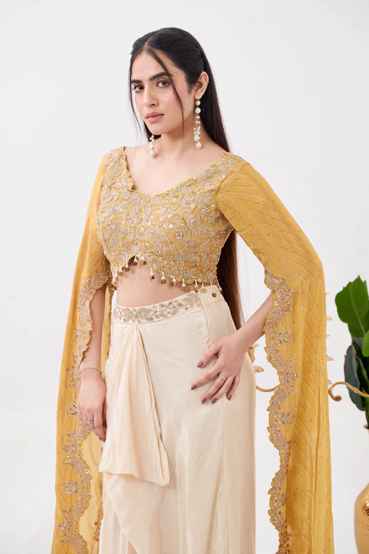 Yellow Satin Embroidered Blouse Set - 5