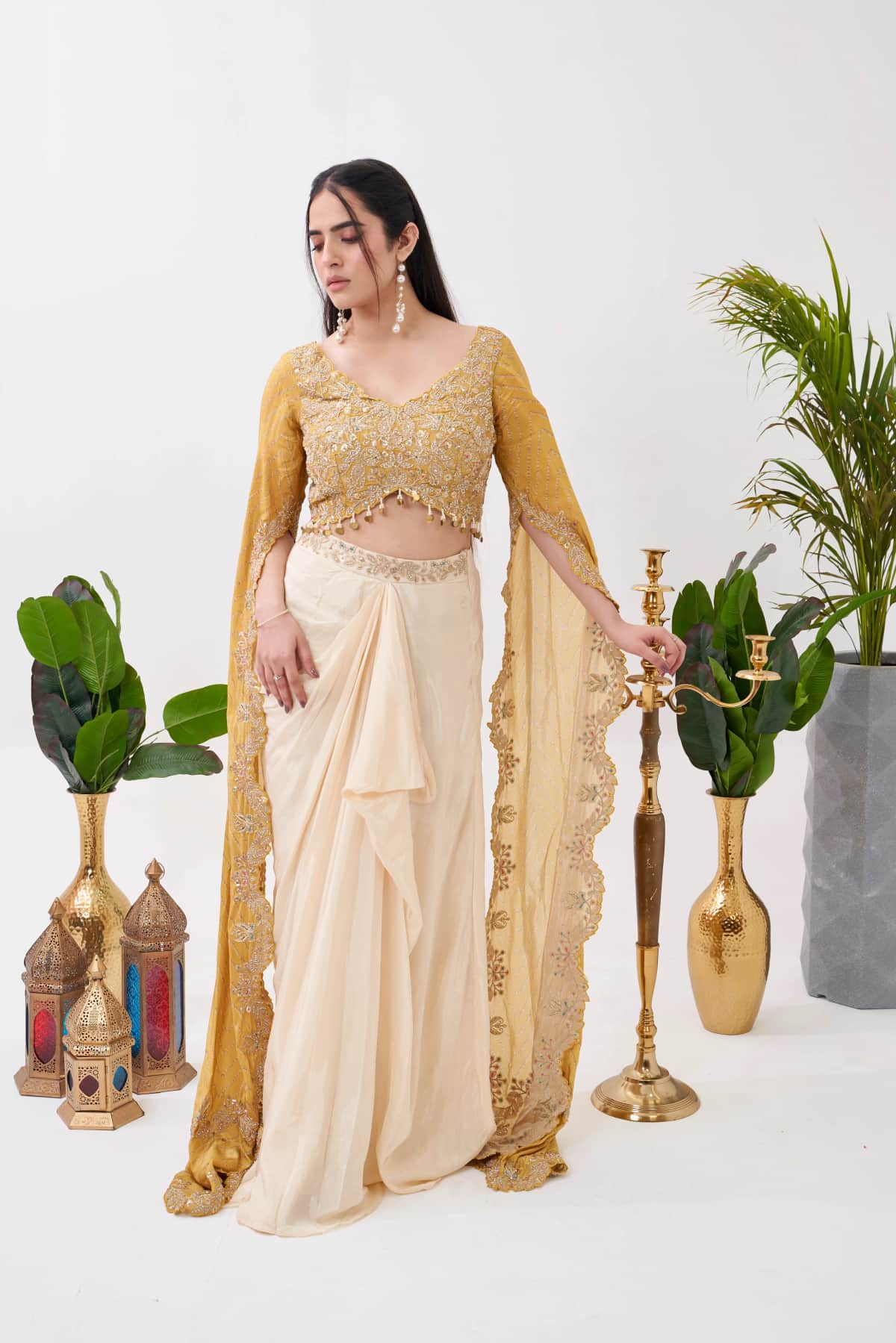 Yellow Satin Embroidered Blouse Set - 6